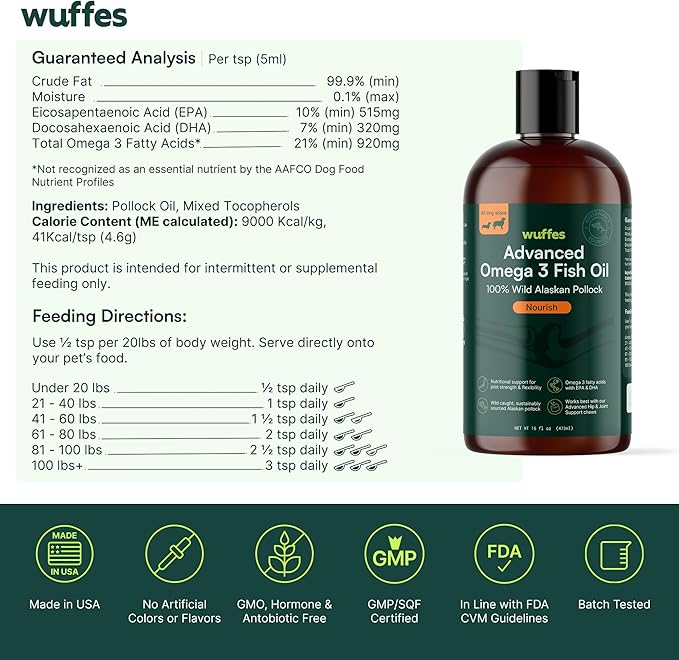Wuffes Advanced Omega 3 Fish Oil for Dogs, Natural EPA & DHA Fatty Acids, Supports Healthy Skin and Coat, Joint Nutrition, Digestion & Immune System - 100% Pure Wild Alaskan Fish Oil, 16 Oz