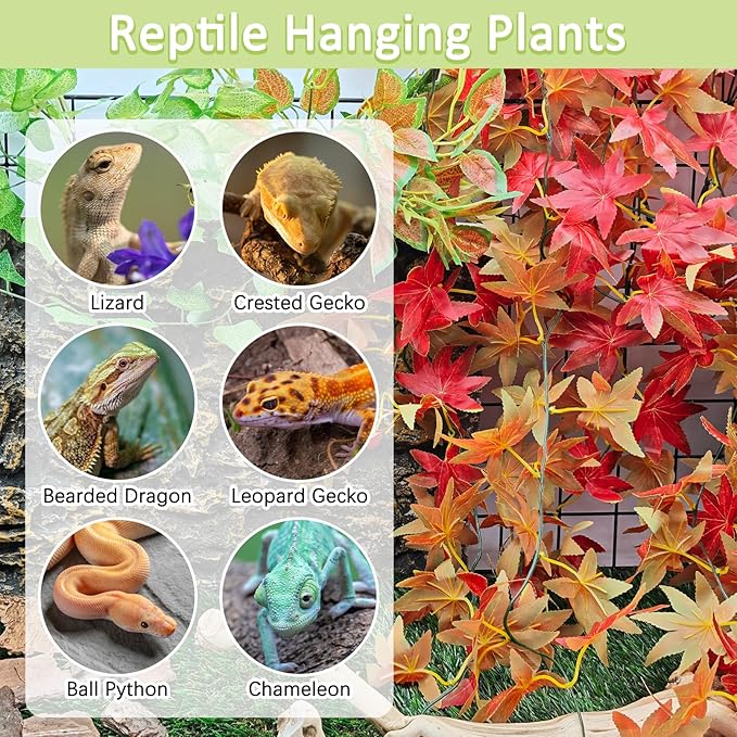 BNOSDM Reptile Plants Habitat Decorations with Suction Cup Terrarium Hanging Plant Bearded Dragon Tank Accessories Artificial Leaves Reptile Hide for Lizard Snake Leopard Gecko Chameleon (Red)