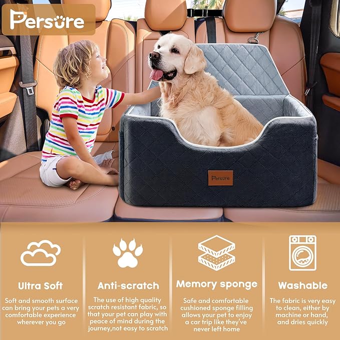 Dog Car Seat for Large Medium Size Puppy Dog,Soft Fabric Dogs Bed Filling Memory Foam,2 Clip-On Safety Leashs and 2 Pockets,Removable and Washable Comfy Pet Travel Car Seat(Black, Large)