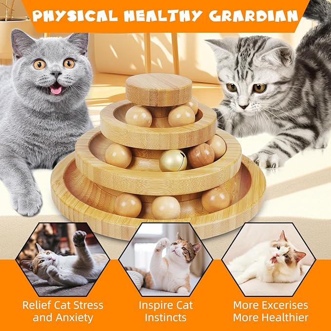 DoogCat Cat Ball Track - 3-Level Cat Ball Tower with 9 Removable Balls for Interactive Play and Mental, Physical Exercise - Large Size