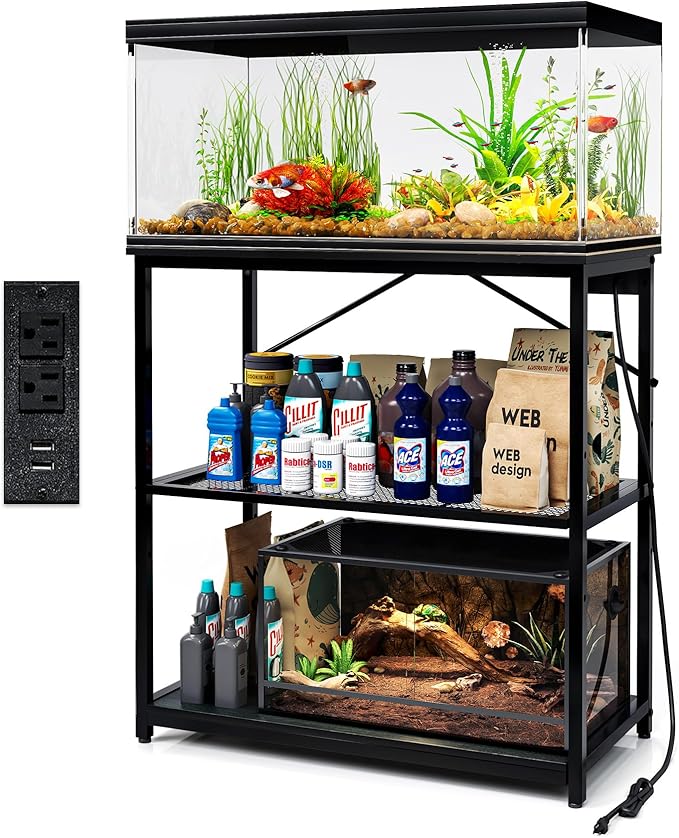 TC-HOMENY Fish Tank Stand 10-20-29-37 Gallon, 1000LB Capacity Aquarium Stand with Charging Station，31" L x 16" W Metal Reptile Tank Stand, Double Storage Design Adjustable Boards, Black (Tank not Included)