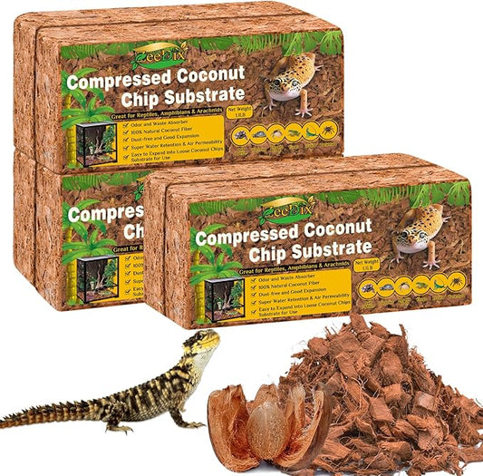 ZeeDix 6PCS Coconut Husk for Reptiles, Organic Coconut Chips Substrate Coco Husk Snake Bedding, Coco Coir Chips Reptile Substrate for Ball Python, Tortoises, Geckos, Lizards, Hermit Crab, Lizard