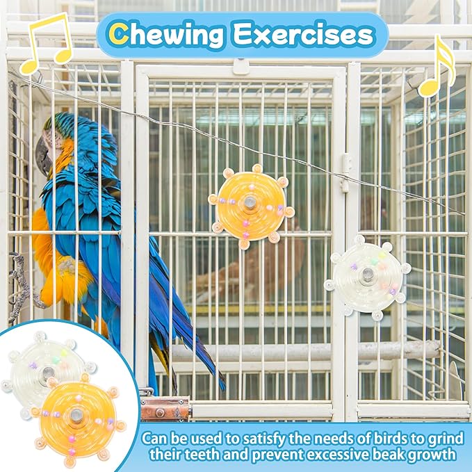 2 Colors Bird Toys for Parrots, Small Bird Cage Toys with Spinning Rattle, Hanging Roller Parakeet Cage Accessories for Chewing Exercise, Budgie Entertainment (White and Yellow)