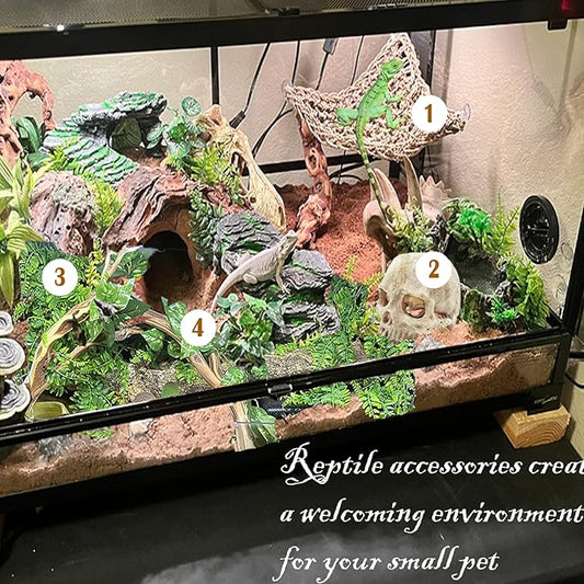 kathson Reptile Habitat Skull Decoration Bearded Dragon Tank Accessories Resin Human Skulls Hide Cave Hanging Vines Plant for Lizards Tortoise Snake Chameleon Spider Reptiles Amphibians(4 PCS)