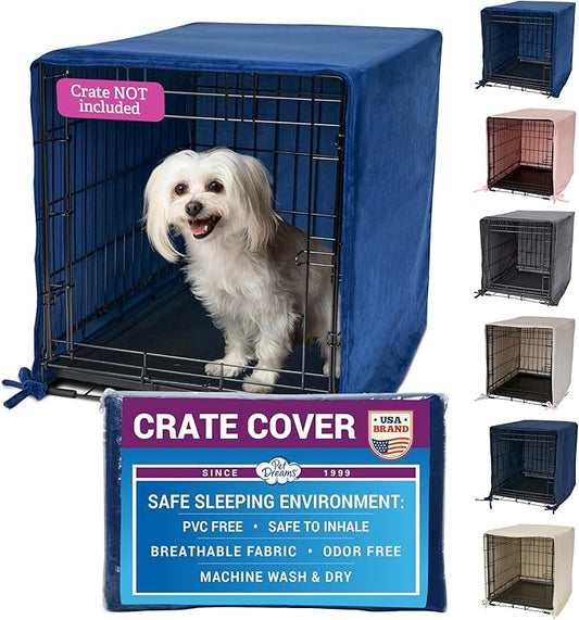 Pet Dreams Dog Crate Cover - Breathable Fabric Kennel Topper for Single-Door Crates, Fits iCrate Dog Cages 18, 24, 30, 36, 42, 48 Inches (Blue, Medium, 30")