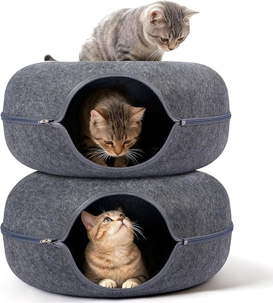 Peekaboo Cat Cave Bed for Indoor Cats, Scratch-Resistant Cat Donut Tunnel for Multiple & Large Cats, Detachable Round Cat Hideaway for Playing, Sleeping and Hiding, Up to 30-45 lbs