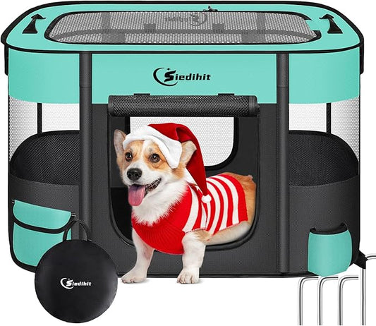 Dog Playpen,Cat Pet Puppy Pen,Portable Playpens for Dogs Indoor Outdoor Travel Camping Use,Foldable Dog Kennel Tent Crate for Rabbit Small Animals and Tent Stakes (Green, Large)