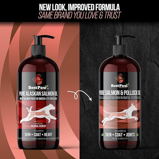 Pure Wild Alaskan Salmon Oil for Dogs & Cats Skin and Coat - Fish Oil Liquid with Pump - Supports Joint Function, Immune & Heart Health - Omega 3 Liquid Food Supplement - All Natural EPA + DHA - 32oz