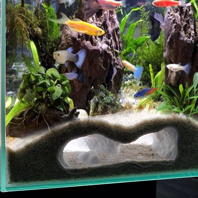 LIYAOLI Aquarium Ornaments Cave Tunnel with Viewing Ports | Fish Tank Decoration Hideout for Pleco, Shrimp & Corydoras | Substrate-Friendly Design & Sinking Base