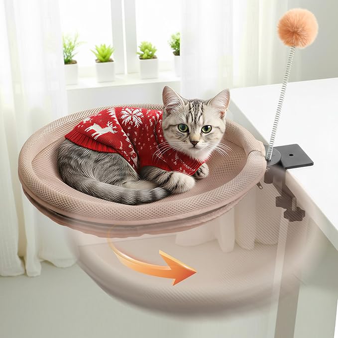 RASSR Cat Desk Bed with Teaser Wand, Under Desk Cats Bed Platform with Sturdy Clamp, Space-Saving Cat Perch Mounts Underneath Desk for Large Cats(Khaki)