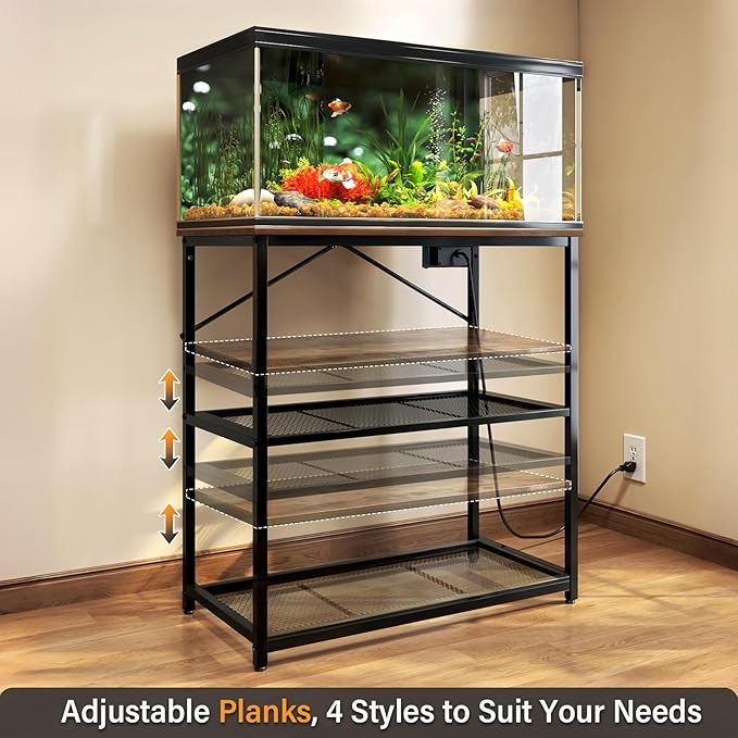 TC-HOMENY Fish Tank Stand 10/20/29/37 Gallon, Aquarium Stand with Charging Station,1000LB Capacity ,31" L x 16" W Metal Reptile Tank Stand, Double Storage Design Adjustable Boards, Brown(Tank not Included)