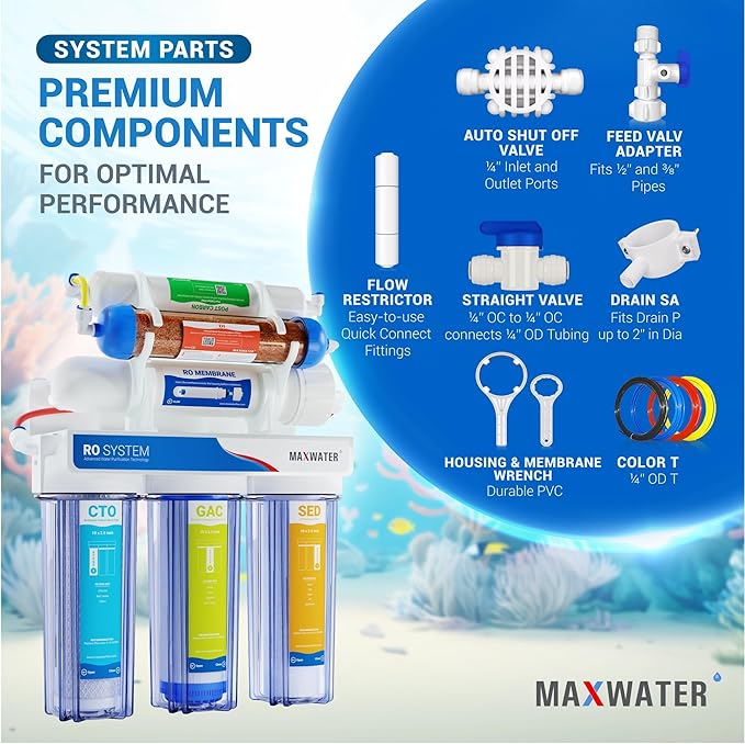 Max Water 6 Stage 100 GPD (Gallon Per Day) RODI (Reverse Osmosis Deionization) Water Filtration System for Aquarium