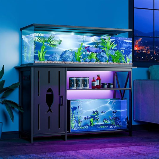 55-75 Gallon Aquarium Stand with Power Outlets,Fish Tank Stand with Cabinet&LED Light,Aquarium Stand for Fish Tank/Turtle Tank/Reptile Terrarium,1100LBS Capacity,Black