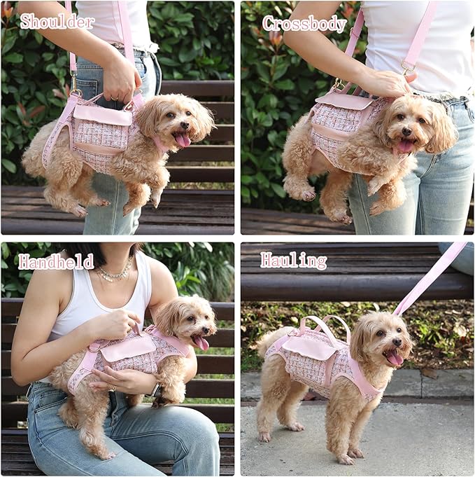 Dog Lift Harness Backpack for Small Dogs, Adjustable Straps Dog Sling Carrier for Hiking, Travel, Outdoor – Pink Medium