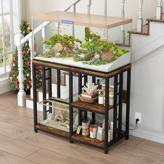 Heavy Duty 40-50 Gallon Aquarium Stand with Power Outlets, 3-Tier Adjustable Metal Fish Tank Stand with Storage Shelf for 5-10 Gallon Tanks, Reptile Terrariums & Supplies Organizer, 720LBS Capacity
