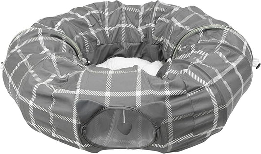 Kitty City Large Cat Tunnel Bed, 2-in-1 Zip-Together Cat Play Tunnel & Plush Nap Bed, Pop-Up Indoor Cat Toy with Hanging Toys, Collapsible Design - Grey