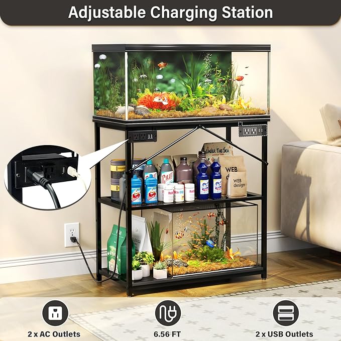 TC-HOMENY Fish Tank Stand 10-20-29-37 Gallon, 1000LB Capacity Aquarium Stand with Charging Station，31" L x 16" W Metal Reptile Tank Stand, Double Storage Design Adjustable Boards, Black (Tank not Included)