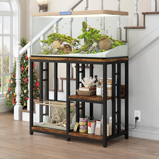 Heavy Duty 40-50 Gallon Aquarium Stand with Power Outlets, 3-Tier Adjustable Metal Fish Tank Stand with Storage Shelf for 5-10 Gallon Tanks, Reptile Terrariums & Supplies Organizer, 720LBS Capacity