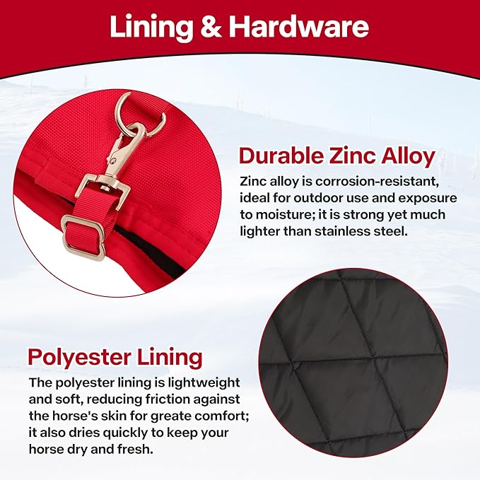 Winter Horse Blanket 1200D, Turnout Blanket Horse Rug with Belly Wrap Horse Coat Equine Blanket Medium Weight with 220G Filling Sheet with Turnout Neck Cover Detachable (Red, 145CM/78inch)