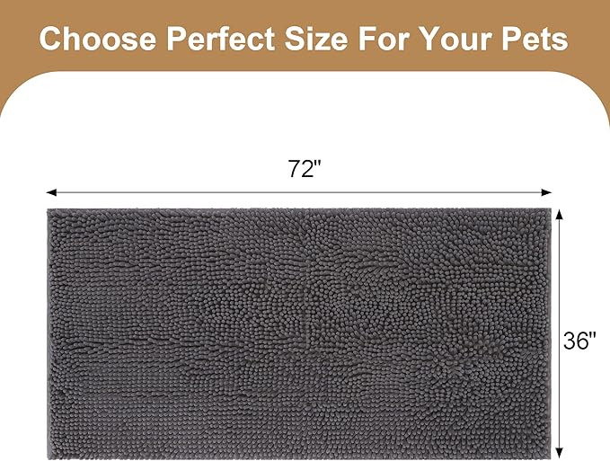 Amyracel Absorbent Dog Door Mat for Muddy Paws, 72" x 36" Non Slip Washable Door Mat Indoor Entrance, Quick Dry Chenille Pet Entry Rugs for Entryway Indoor, Grey