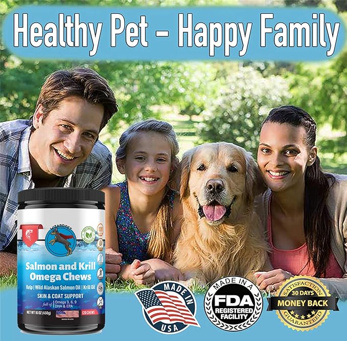 WIZARDPET Wild Alaskan Salmon Krill Oil Chews for Dogs - 120 Soft Treats - Omega 3 6 9 Fish Supplement EPA, DHA for Itch-Free Skin Coat Joints - Allergy Relief - Reduce Hair Shedding - Made in USA