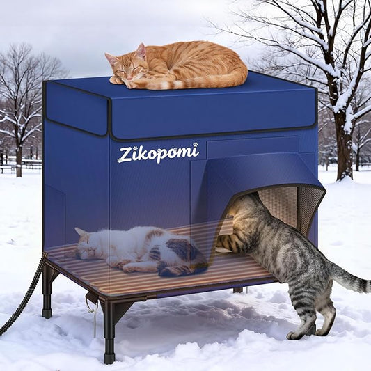 Zikopomi Heated Cat House for Outside with Elevated Base Outdoor Cat House with 2 Safe Escape Doors Cat-Attracting Eave Design Feral Stray Shelter Weatherproof in Winter Garage Yard Porch