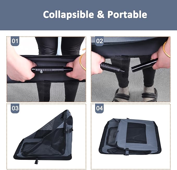 JESPET 27'' Soft Dog Crates Kennel for Pets, 3 Door Soft Sided Folding Travel Pet Carrier with Straps and Fleece Mat for Dogs, Cats, Rabbits, Grey Blue & Beige (27" L x 20" W x 20" H, Grey)