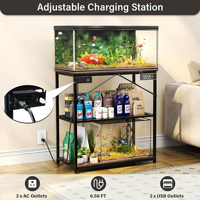 TC-HOMENY Fish Tank Stand 10/20/29/37 Gallon, Aquarium Stand with Charging Station,1000LB Capacity ,31" L x 16" W Metal Reptile Tank Stand, Double Storage Design Adjustable Boards, Brown(Tank not Included)