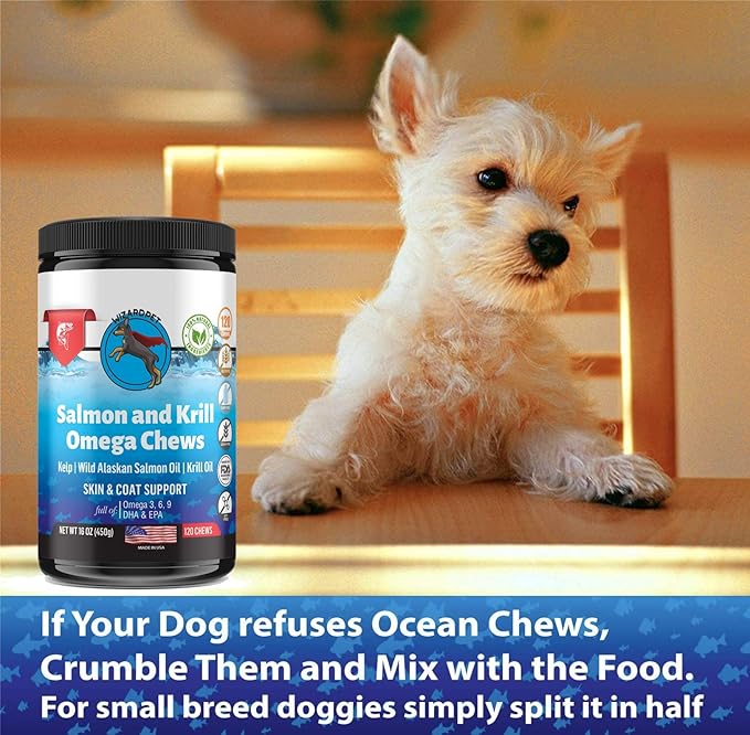 WIZARDPET Wild Alaskan Salmon Krill Oil Chews for Dogs - 120 Soft Treats - Omega 3 6 9 Fish Supplement EPA, DHA for Itch-Free Skin Coat Joints - Allergy Relief - Reduce Hair Shedding - Made in USA