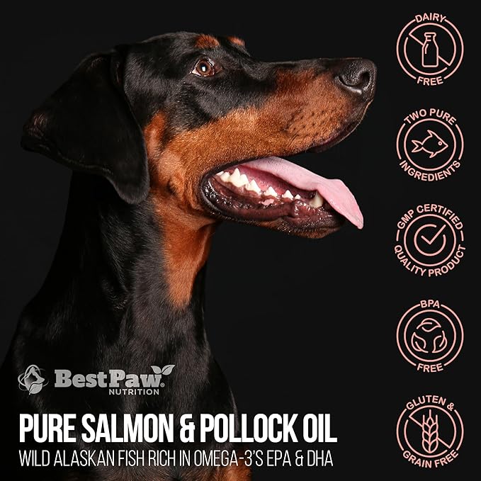 Pure Wild Alaskan Salmon Oil for Dogs & Cats Skin and Coat - Fish Oil Liquid with Pump - Supports Joint Function, Immune & Heart Health - Omega 3 Liquid Food Supplement - All Natural EPA + DHA - 32oz