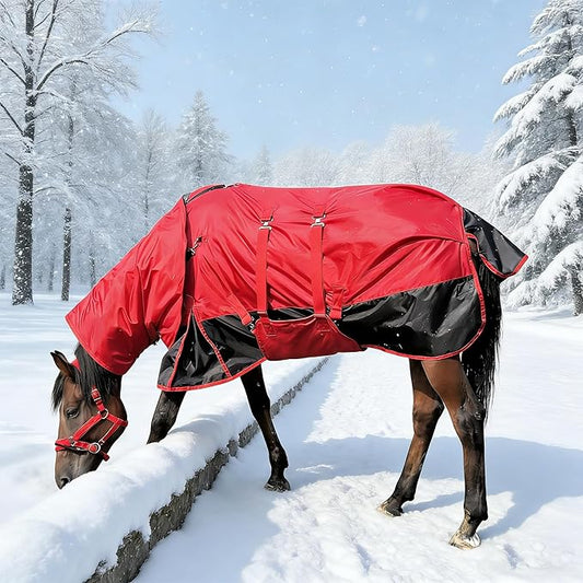 Winter Horse Blanket 1200D, Turnout Blanket Horse Rug with Belly Wrap Horse Coat Equine Blanket Medium Weight with 220G Filling Sheet with Turnout Neck Cover Detachable (Red, 145CM/78inch)