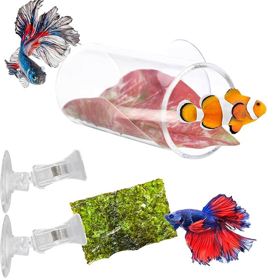 Betta Tunnel with 2 Pcs Veggie Clips for Aquarium, Betta Hideout Tunnel, Leaf Pad Tube and Fish Food Clip, Leaf Clip Feeding Tool, Bettas Fish Tank Accessories for Breeding Resting Feeding (S, Tube)