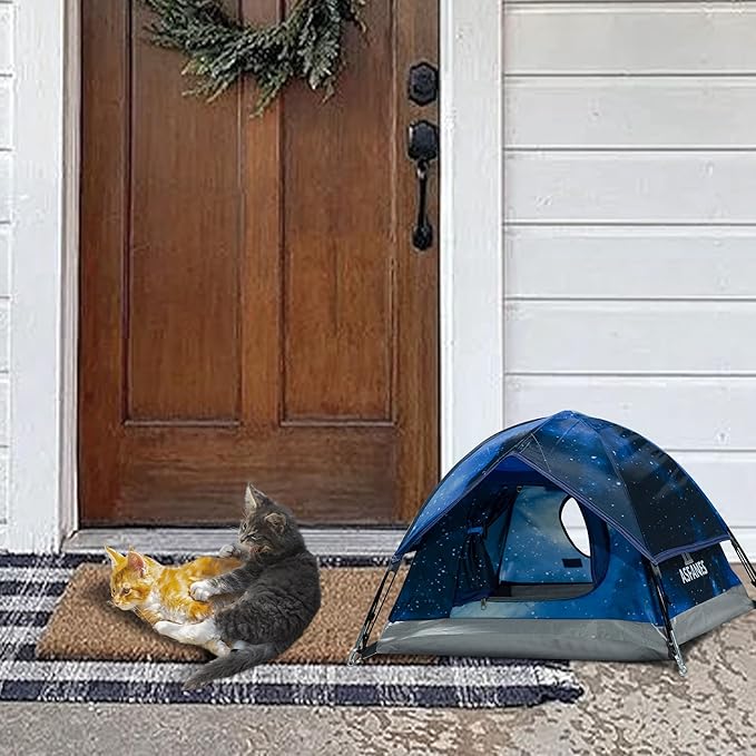 ASFANES Outdoor Waterproof Pet Camping Tent, Cave Bed for Indoor Cats and Small Dogs, Portable Cat House Dog House, 21.6x21.6x14.9'', Navy Blue, S.