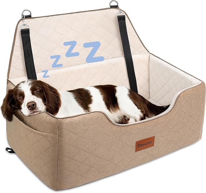 Dog Car Seat for Large-Medium Dogs: Pet Car Seat, Detachable Washable Dog Booster Seat, Pet Travel Bed with Storage Pockets and Dogs Safety Belt (Coffee, Large)