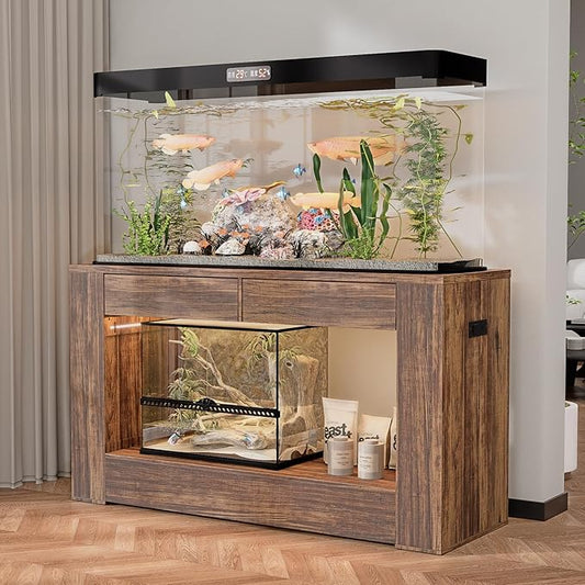 55–75 Gallon Aquarium Stand for Fish Tank & Turtle ,Reptile,Amphibian Terrariums, MDF Tabletop & Drawers, Reinforced Metal Frame, LED Lighting, Power Outlets (Rustic Brown)
