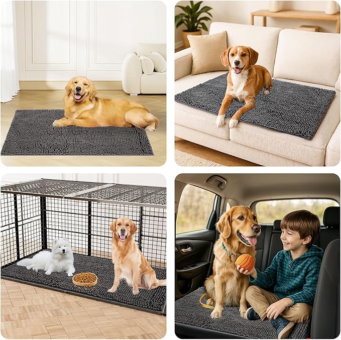 Amyracel Absorbent Dog Door Mat for Muddy Paws, 72" x 48" Non Slip Washable Door Mat Indoor Entrance, Quick Dry Chenille Pet Entry Rugs for Entryway Indoor, Grey