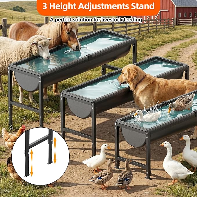 2Pcs Animal Waterer 11 Gallon, Livestock Water Trough with Adjustable Stand, Easy to Assemble and Carry, Feeding Goat, Sheep, Horse, Dog in Farm