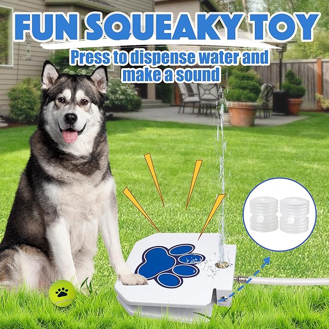 BACOENG Dog Water Fountain Step On, Outdoor Pet Sprinkler for Dogs, Paw Activated Drinking Water Toy, Upgrade Copper Valve Set, Blue