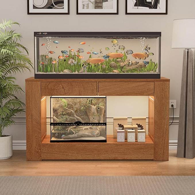 55–75 Gallon Aquarium Stand for Fish Tank & Turtle Tank, MDF Top & Drawers, Reinforced Metal Frame, LED Light, Power Outlets, 1000 lbs, 55.1”W × 18.5”D(Natural)