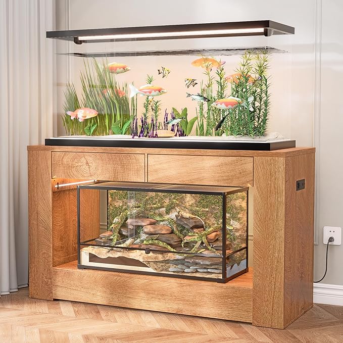 55–75 Gallon Aquarium Stand for Fish Tank & Turtle Tank, MDF Top & Drawers, Reinforced Metal Frame, LED Light, Power Outlets, 1000 lbs, 55.1”W × 18.5”D(Natural)
