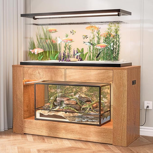 55–75 Gallon Aquarium Stand for Fish Tank & Turtle Tank, MDF Top & Drawers, Reinforced Metal Frame, LED Light, Power Outlets, 1000 lbs, 55.1”W × 18.5”D(Natural)
