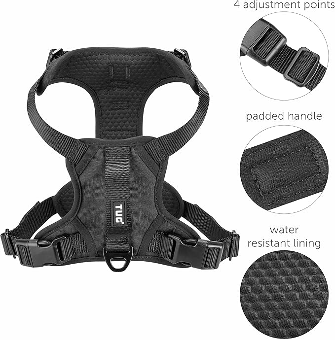 TUG Dog Harness with 2 Leash Connection Points | Adjustable, Padded, Lightweight | Handle on Back | No-Pull Front Clip (Medium, Black)