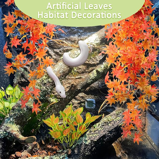 BNOSDM Reptile Plants Habitat Decorations with Suction Cup Terrarium Hanging Plant Bearded Dragon Tank Accessories Artificial Leaves Reptile Hide for Lizard Snake Leopard Gecko Chameleon (Red)