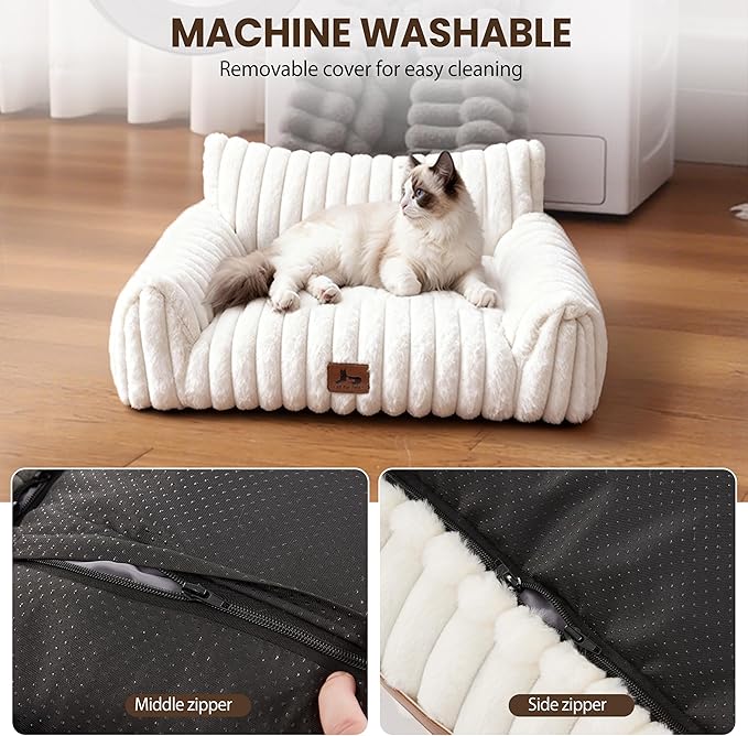 Warmrest Cat Couch for Pets, Cute Cat Bed with Cozy Soft Faux Rabbit Fur for Kitten, Fuzzy Cats Sofa for Indoor Cats, Supportive Pet Sofa with Removable Washable Cover, Cream, 24"