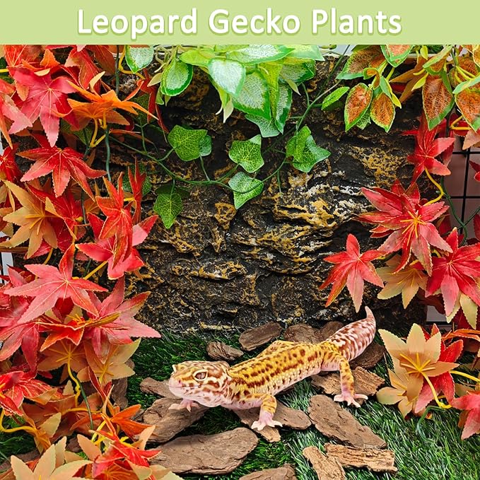 BNOSDM Reptile Plants Habitat Decorations with Suction Cup Terrarium Hanging Plant Bearded Dragon Tank Accessories Artificial Leaves Reptile Hide for Lizard Snake Leopard Gecko Chameleon (Red)